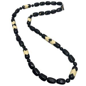 Monet Vintage Necklace Black Cream Chunky Beads Aztec Zigzag 34" Boho